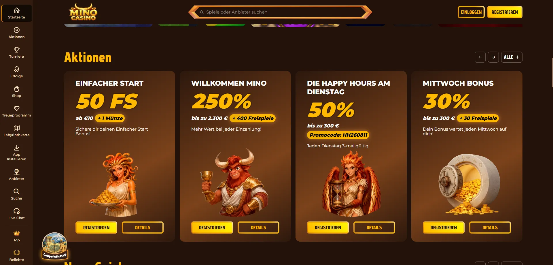Mino Casino Willkommensbonus 2026 – bis zu €4.750 und 300 Freispiele